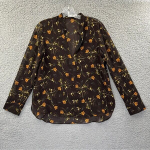 Mango‎ MNG Suit Deep V Long Sleeve Blouse Floral Brown Women's Size 2 / XS